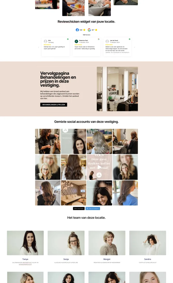 Locatiepagina voor lokale SEO met openingstijden, kaart, reviews en het lokale team