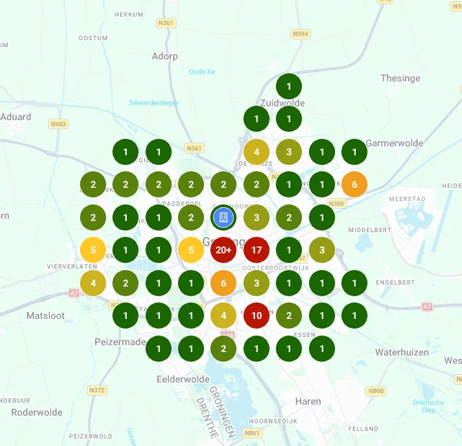Lokale vindbaarheid meten: scan met posities in Google Maps rond een vestiging